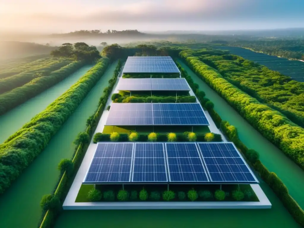 Complejo ecoamigable: arquitectura moderna y naturaleza en armonía Un complejo arquitectónico verde rodeado de vegetación y paneles solares, representando el Financiamiento Verde en Inversiones Inmobiliarias