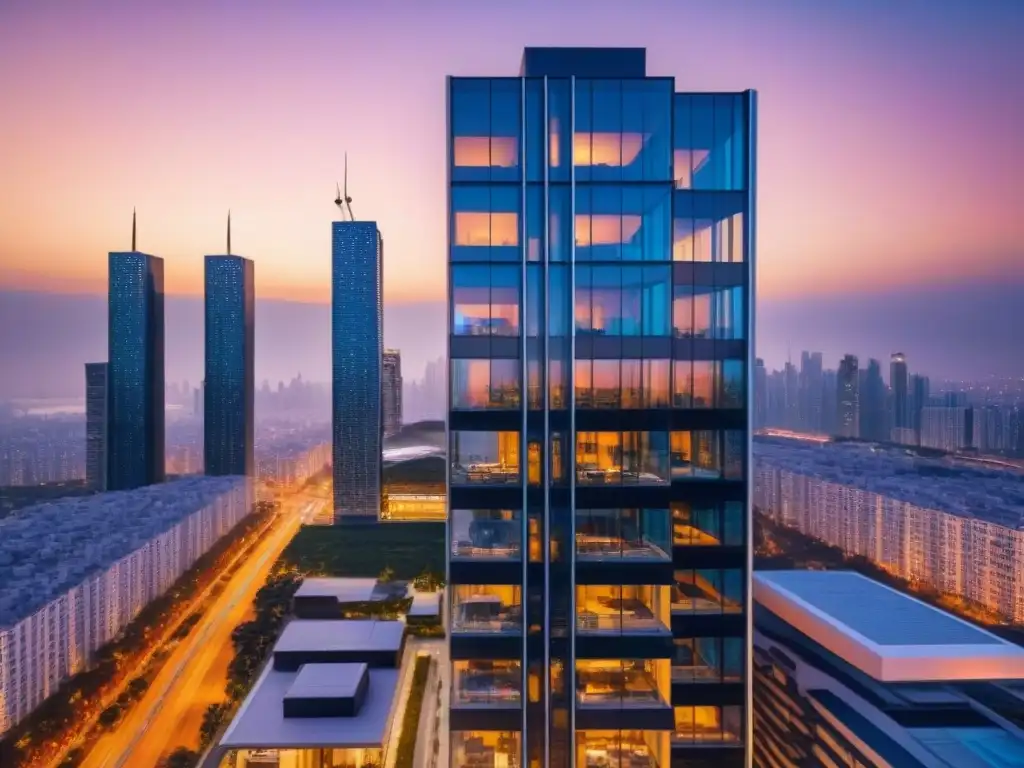 Condominio de lujo al atardecer en la ciudad: innovación y sofisticación Un complejo de condominios de lujo al atardecer, reflejando los tonos dorados del cielo en su fachada de cristal