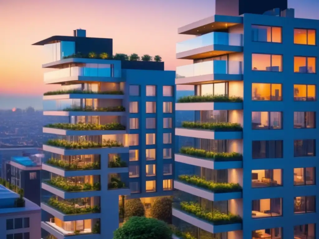 Complejo de lujo futurista: arquitectura innovadora en la ciudad Un complejo de condominios de lujo futurista con diseño innovador y vistas urbanas al atardecer