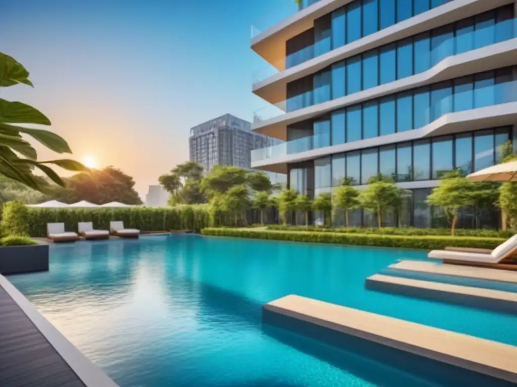 Condominio de lujo con arquitectura moderna y exuberante vegetación Un complejo de condominios moderno y lujoso con arquitectura elegante y exuberante vegetación