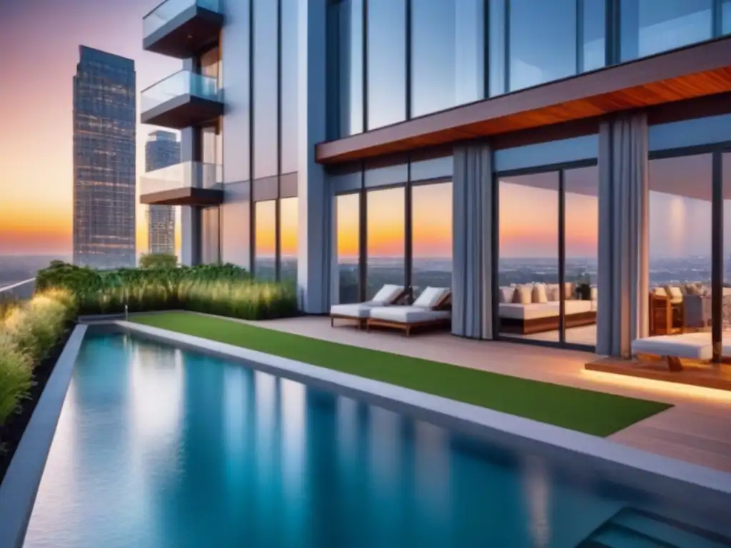 Condominio de lujo al atardecer: arquitectura moderna, vistas impresionantes y amenidades exclusivas Complejo de condominios moderno y lujoso al atardecer con diseño arquitectónico elegante, reflejando los cálidos tonos del cielo en sus ventanales de piso a techo, rodeado de vegetación exuberante y con una ciudad vibrante de fondo