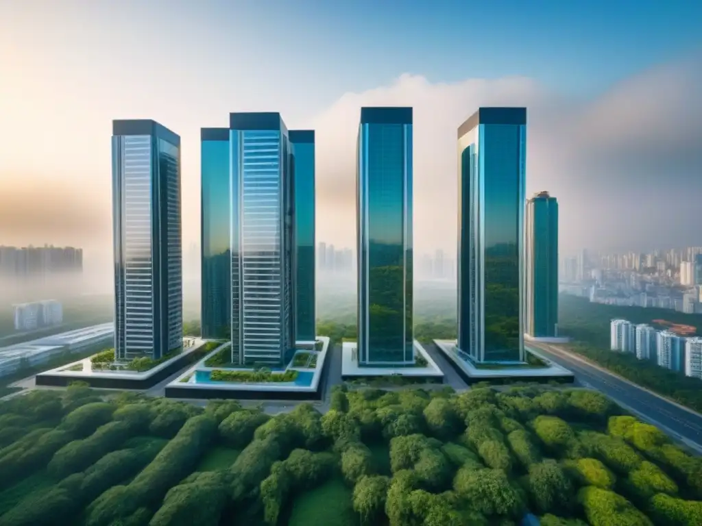 Edificio de lujo en ciudad vibrante y verde Un complejo de edificios modernos de lujo con fachadas de vidrio reluciente, rodeado de vegetación exuberante y un horizonte urbano vibrante al fondo