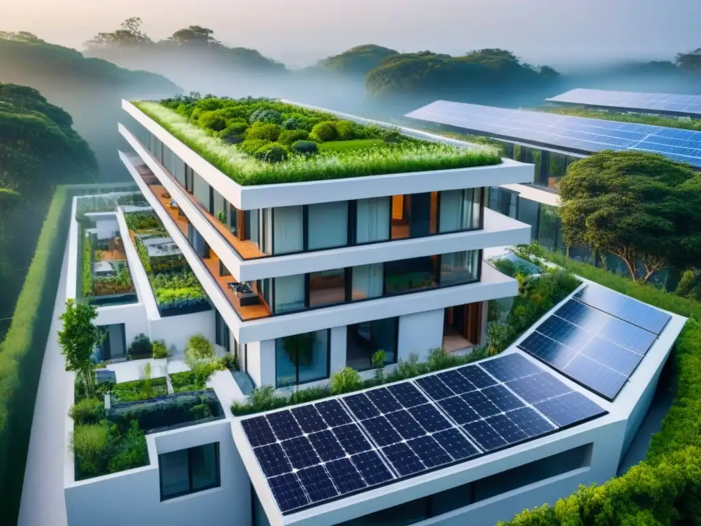 Complejo ecoamigable: arquitectura moderna y naturaleza en perfecta armonía Un complejo de edificios sostenibles rodeado de jardines verdes y paneles solares, mostrando la armonía entre la naturaleza y la arquitectura moderna