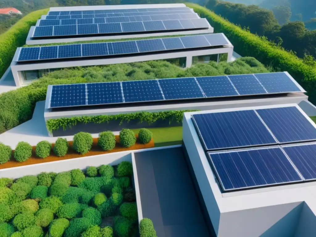 Complejo ecológico: arquitectura sostenible en armonía con la naturaleza Un complejo de edificios sostenibles rodeados de vegetación, paneles solares y cielos azules