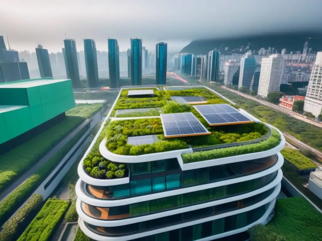 Complejo futurista sostenible en metrópolis vibrante Un complejo futurista de edificaciones sostenibles en ciudades, integrado de forma armoniosa en el paisaje urbano