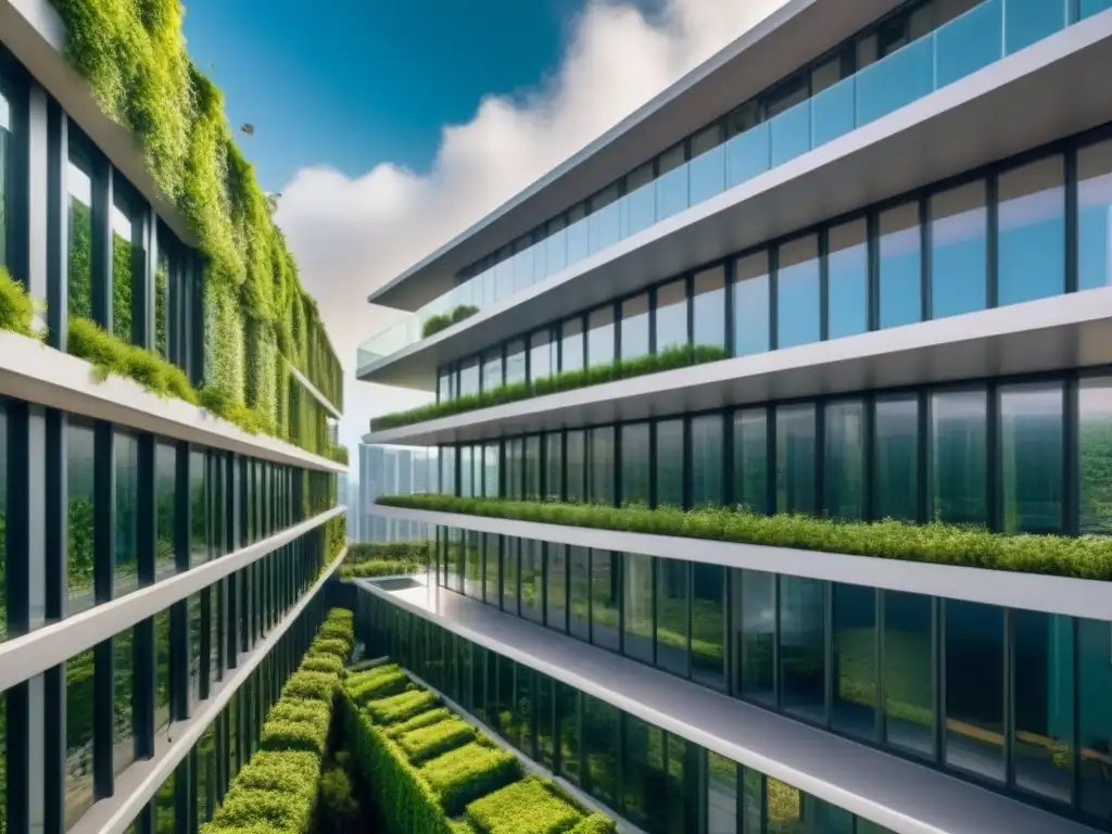 Edificio futurista sostenible: 8k ultra detallado Complejo futurista sostenible con paneles solares, vegetación exuberante y ventanas eficientes, en un entorno urbano vibrante