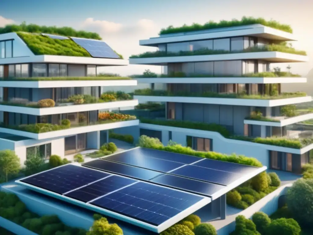 Complejo residencial futurista: diseño sostenible con paneles solares y jardines verticales Complejo habitacional futurista sostenible con paneles solares y jardines verdes, ideal para hipotecas basadas en ingresos futuros