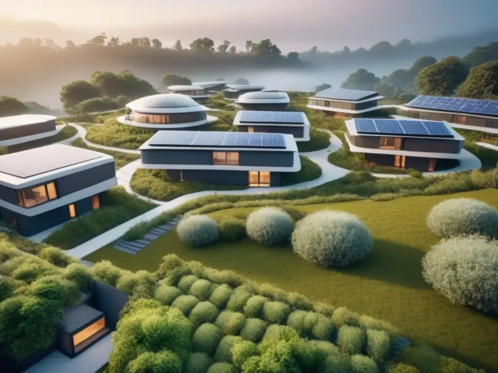 Complejo residencial sostenible y futurista para familias diversas Un complejo habitacional sustentable, con diseño innovador y áreas comunes, rodeado de vegetación y tecnología inteligente