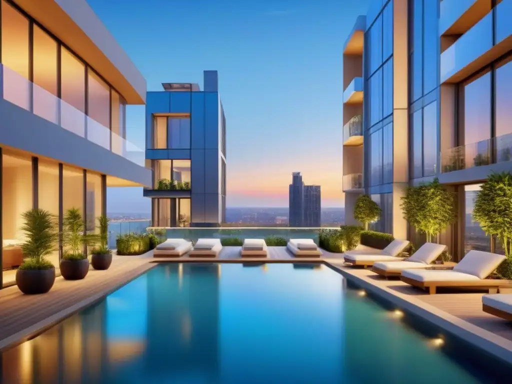 Condominio de lujo al atardecer con amenities de vanguardia y vistas a la ciudad Un complejo de lujo con blockchain: edificio de condominios al atardecer, reflejando la puesta de sol, elegante diseño moderno y amenidades exclusivas
