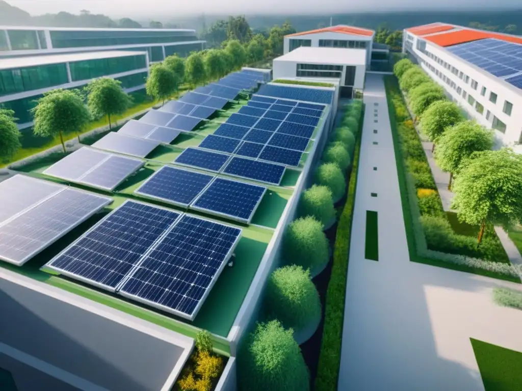 Complejo sostenible: innovación eco-amigable en construcción Un complejo moderno y sostenible con paneles solares, vegetación integrada y sistema de reciclaje de agua
