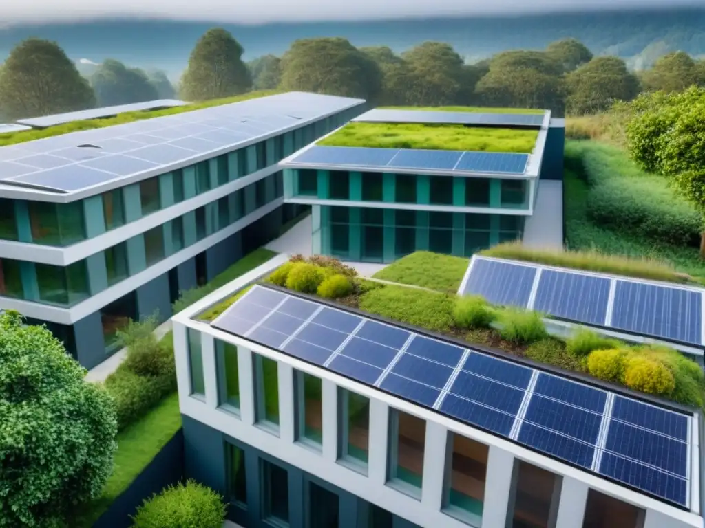 Complejo sostenible: arquitectura moderna y verde en 8k Complejo moderno sostenible con techos verdes, paneles solares y diseño paisajístico eficiente