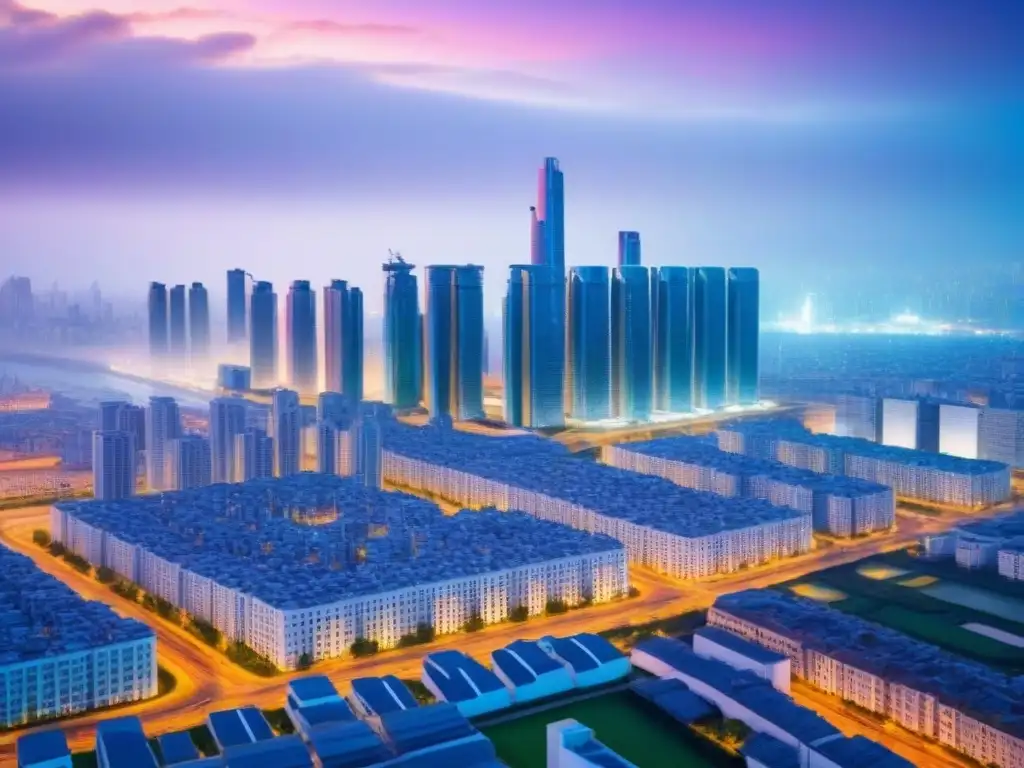 Metrópolis futurista: flexibilidad en inversiones inmobiliarias Complejo plano de una ciudad futurista con edificios adaptables, simbolizando la estrategia inversión inmobiliaria entorno volátil