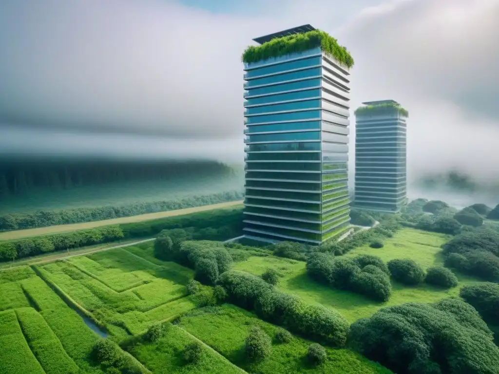 Complejo futurista ecoamigable en entorno urbano verde Un complejo de rascacielos futuristas y ecológicos rodeado de exuberante vegetación urbana