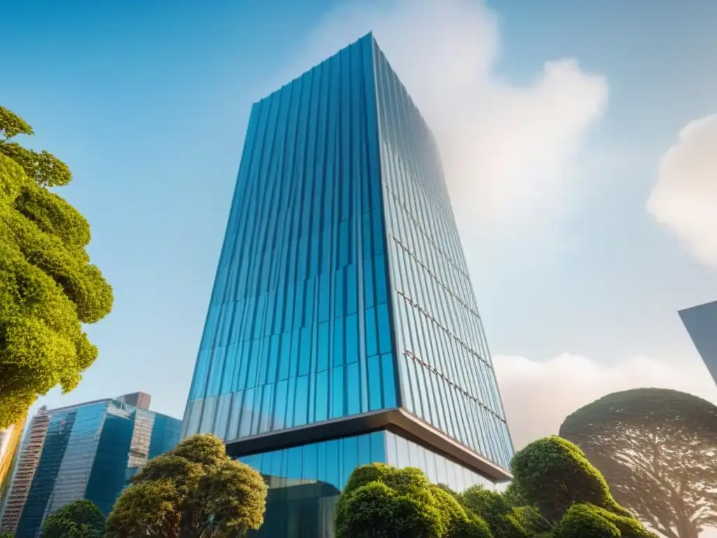 Rascacielos moderno: éxito financiero y elegancia urbana Complejo de rascacielos moderno rodeado de naturaleza y vida urbana, simbolizando éxito financiero y garantías en financiamiento inmobiliario