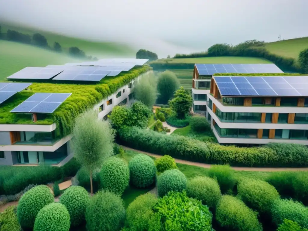 Complejo residencial ecológico en Europa: diseño moderno y sostenible Un complejo residencial ecoamigable en Europa con paneles solares, áreas verdes y actividades sostenibles