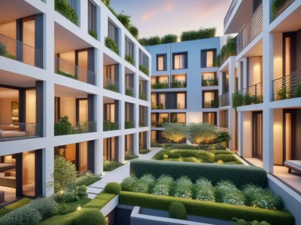Complejo residencial ecoamigable: diseño postpandemia Complejo residencial ecoamigable con tendencias de vivienda post-pandemia: balcones, jardines en azotea y mucha luz natural