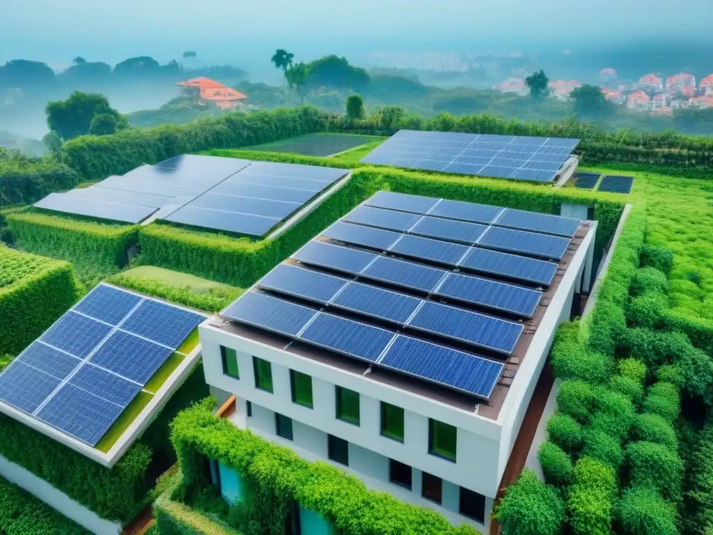 Complejo residencial ecológico: arquitectura sostenible en Europa Un complejo residencial ecológico rodeado de vegetación, paneles solares y diseño sostenible