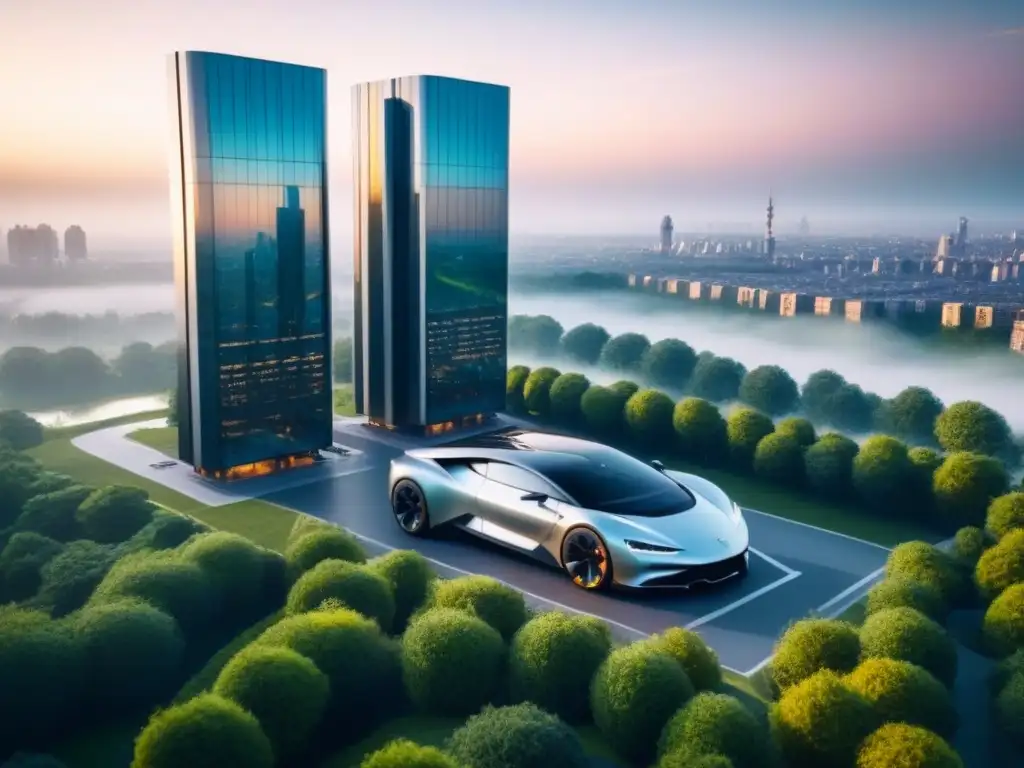 Complejo residencial futurista en metrópolis verde Un complejo residencial futurista en una ciudad verde, con fachadas de vidrio y diseño innovador