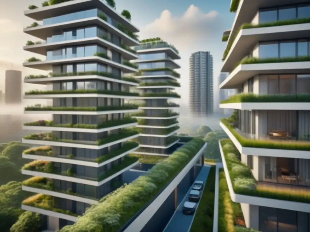 Complejo residencial futurista: diseño verde y moderno en postpandemia Complejo residencial futurista con tendencias de vivienda post-pandemia, diseño arquitectónico moderno y espacios verdes
