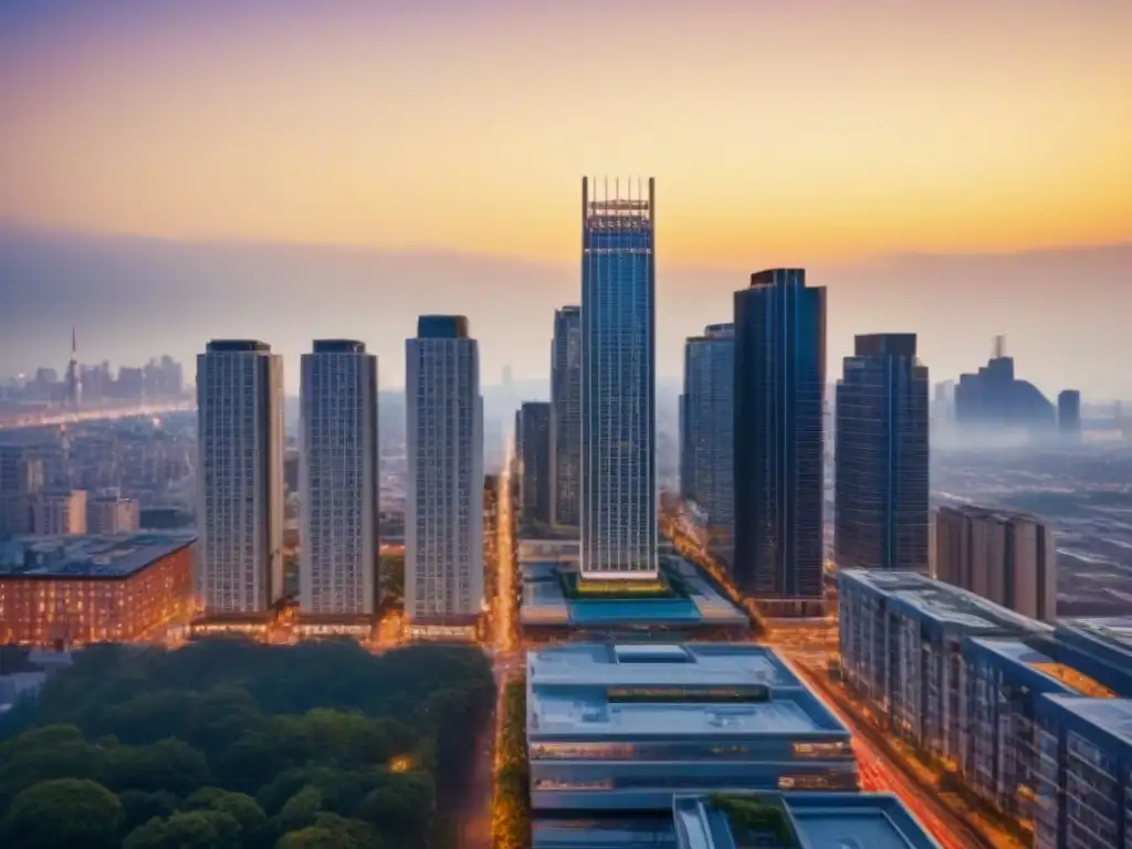 Condominio de lujo en metrópoli vibrante al atardecer Un complejo residencial de lujo en altura reflejando la ciudad al atardecer