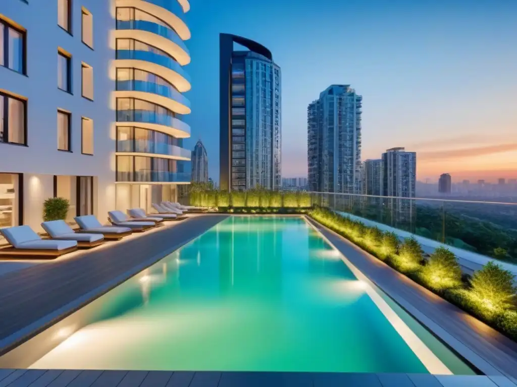 Complejo residencial de lujo al atardecer en la ciudad Complejo residencial moderno al anochecer, reflejando la cálida luz del atardecer