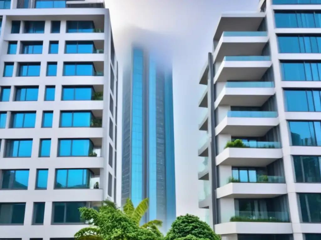 Complejo residencial de lujo: arquitectura moderna y próspera Un complejo residencial moderno de lujo, con fachadas de cristal y exuberante vegetación