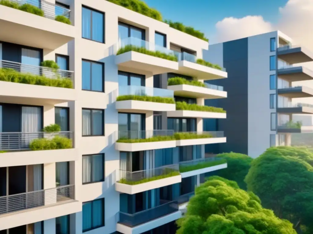 Complejo de apartamentos moderno de lujo en entorno urbano vibrante Un complejo residencial moderno rodeado de vegetación, con diseño contemporáneo y vibrante entorno urbano