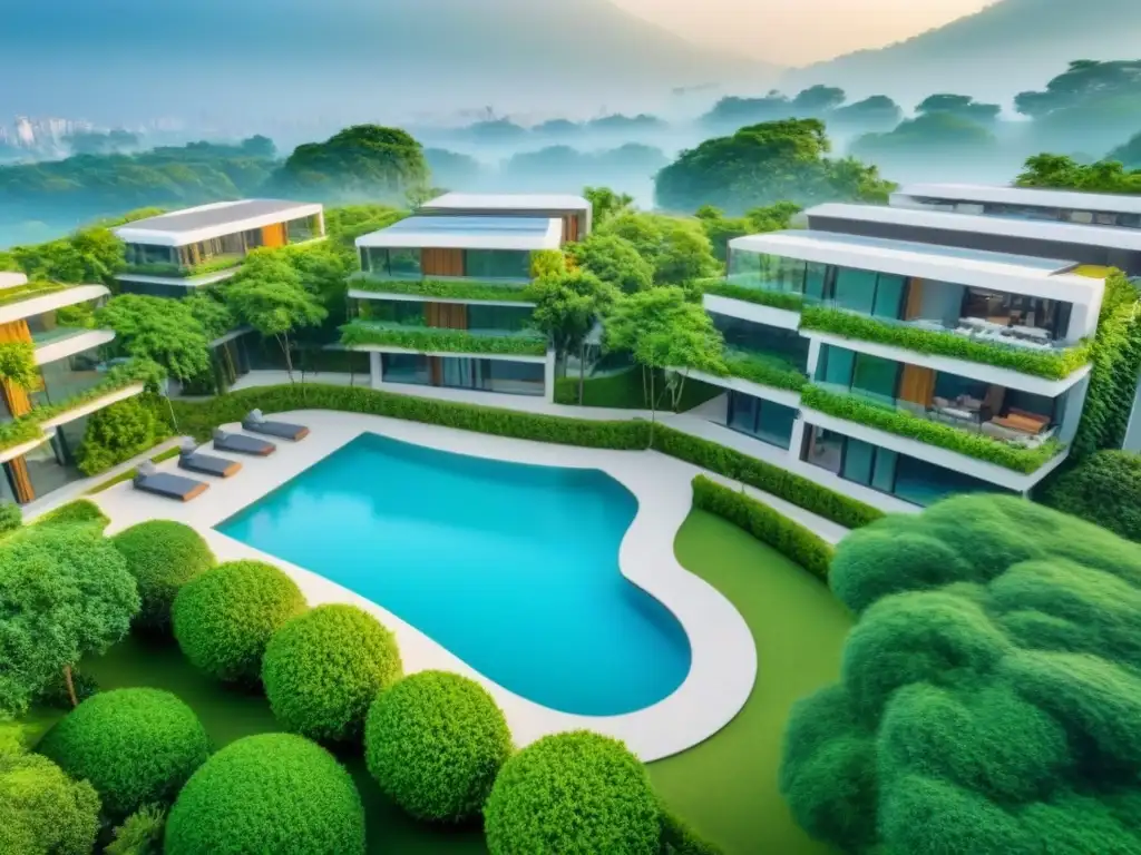 Residencial moderno con arquitectura futurista y naturaleza exuberante Complejo residencial moderno rodeado de naturaleza, con piscina y gimnasio