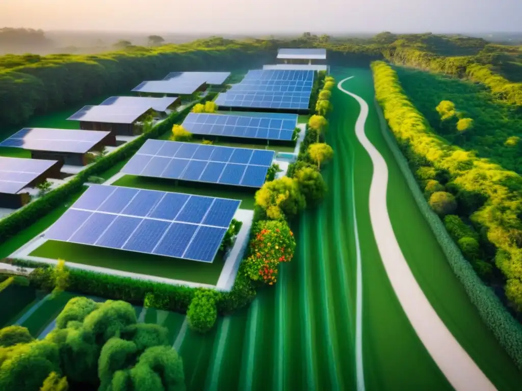 Complejo residencial sostenible: armonía ecofriendly con la naturaleza Un complejo residencial moderno y sostenible rodeado de exuberante vegetación, paneles solares brillando bajo el sol, en armonía con la naturaleza