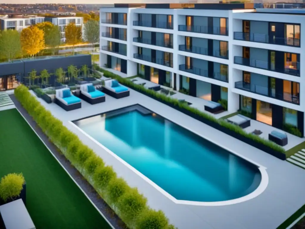 Complejo residencial moderno con vida comunitaria vibrante Complejo residencial moderno y vibrante con amenities y áreas verdes, ideal para Seguros propiedad edificios multifamiliares