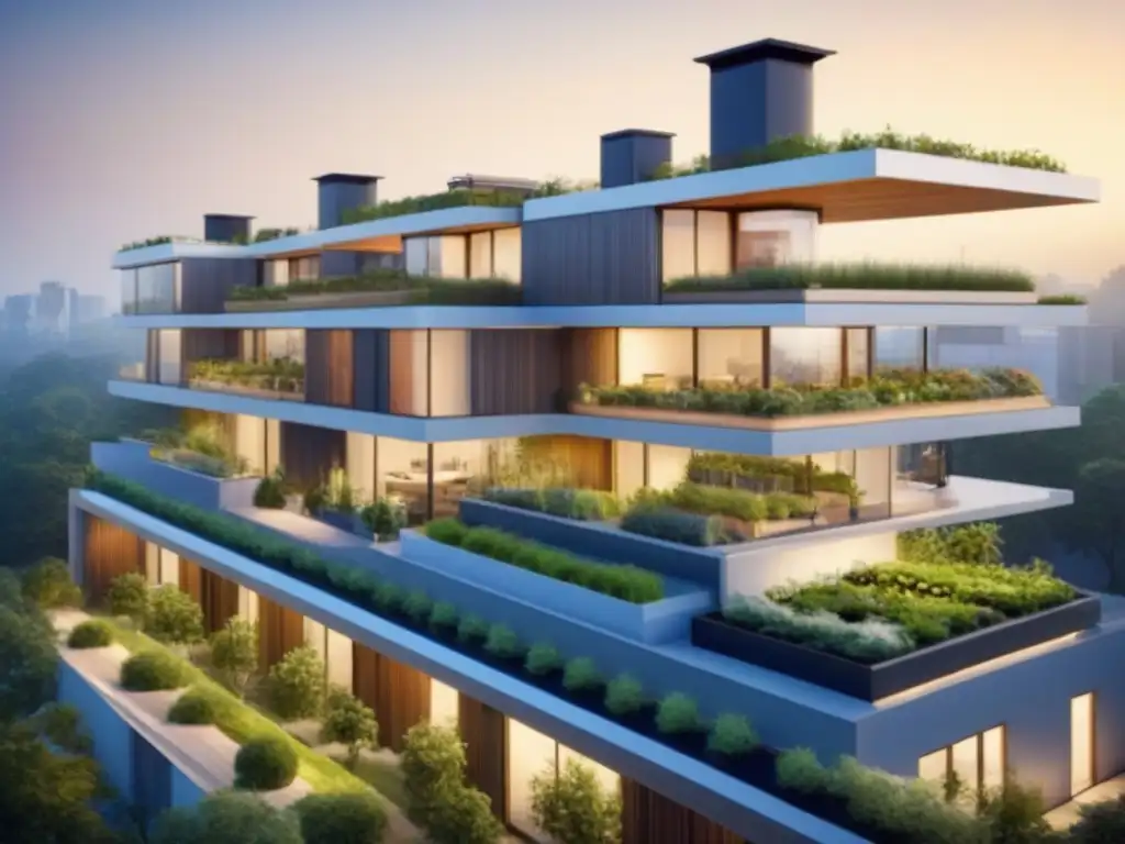 Complejo residencial sostenible: diseño moderno y ecoamigable Complejo residencial sostenible con jardines en azotea y paneles solares