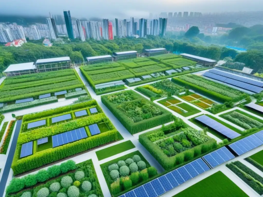 Un complejo residencial sostenible con techos verdes y paneles solares en una ciudad diversa