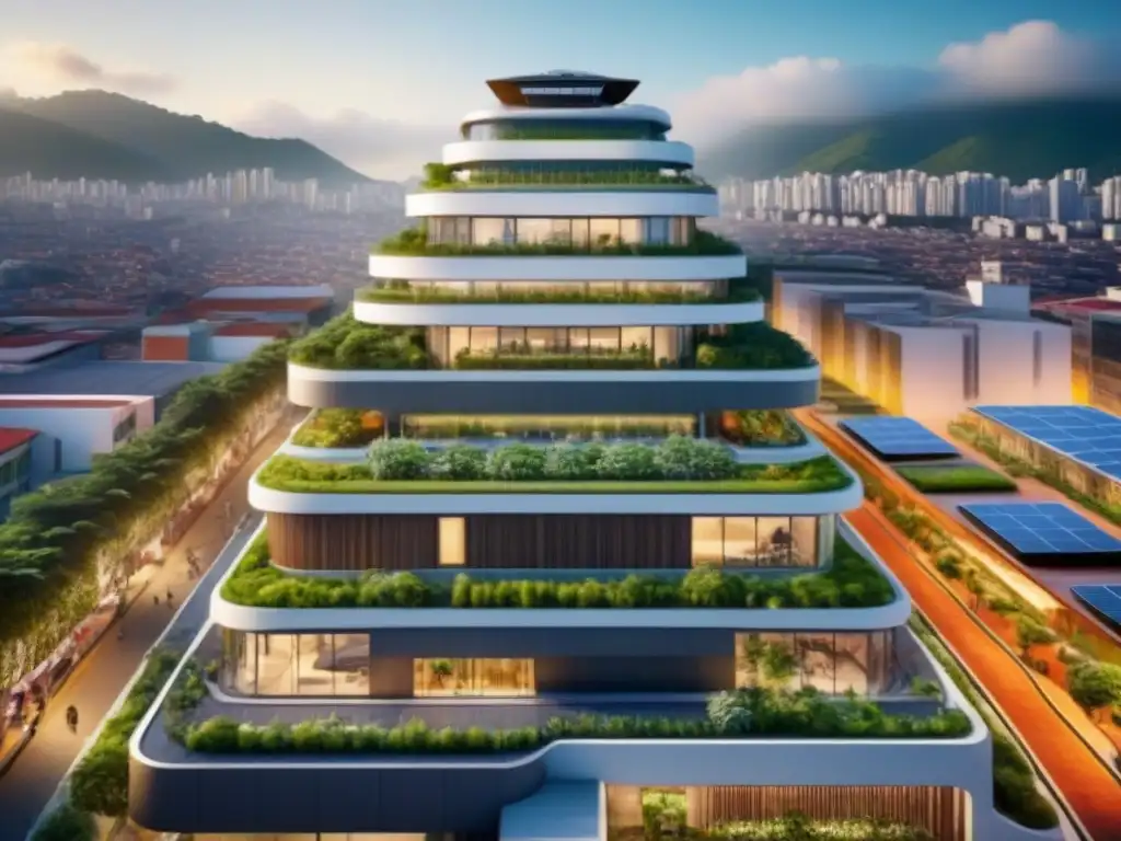 Complejo eco-sostenible futurista en Latinoamérica: modernidad y verdor Complejo sustentable futurista en ciudad latinoamericana con tecnologías verdes y comunidad activa
