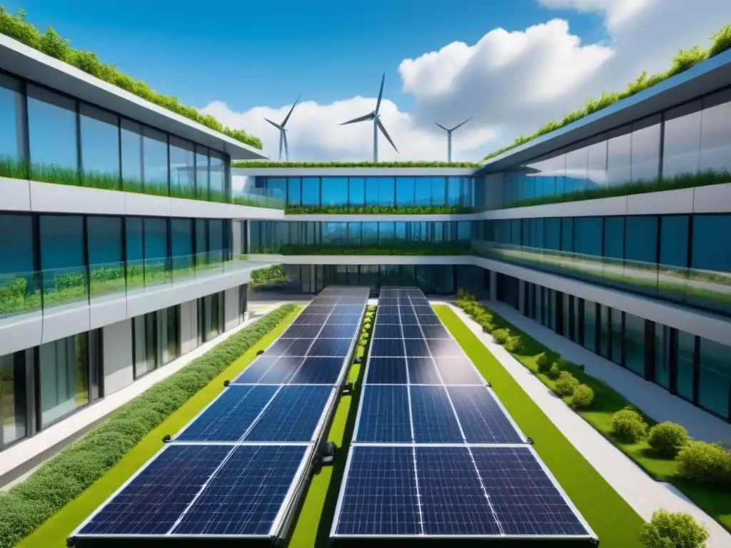 Complejo sustentable futurista con paneles solares, techos verdes y turbinas eólicas