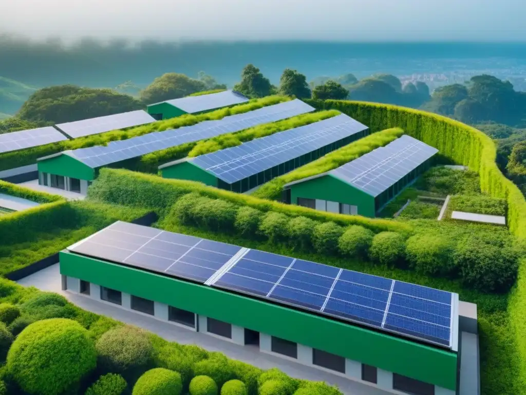 Complejo sostenible: arquitectura verde y soluciones innovadoras Complejo sustentable con paneles solares, techos verdes y arquitectura moderna