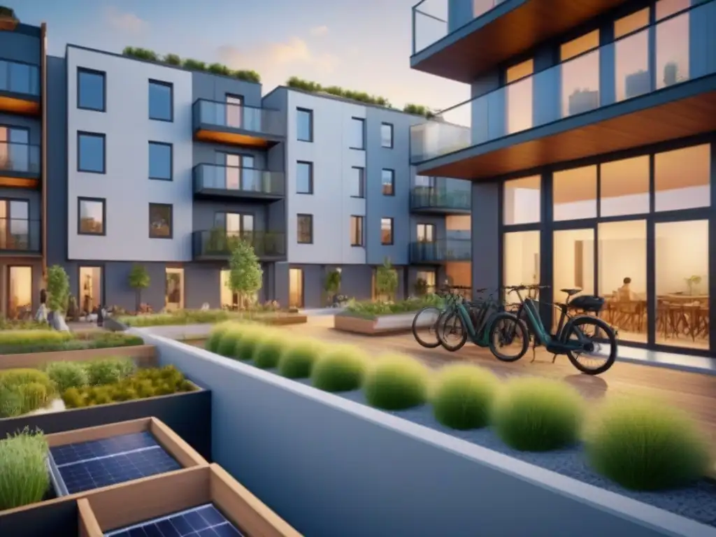 Complejo habitacional sostenible y vibrante en la ciudad Un complejo de viviendas asequibles sostenibles con diseño moderno y residentes diversos disfrutando de actividades comunitarias