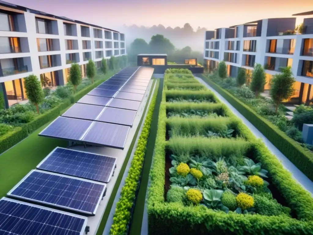 Complejo de viviendas sostenibles con paneles solares y espacios verdes Complejo de viviendas sostenibles con paneles solares, espacios verdes y familias disfrutando de áreas comunes al aire libre