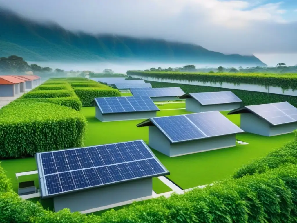 Complejo ecoamigable: viviendas sostenibles con paneles solares y diseño innovador Un complejo de viviendas sostenibles rodeado de vegetación, techos con paneles solares y diseño ecoamigable