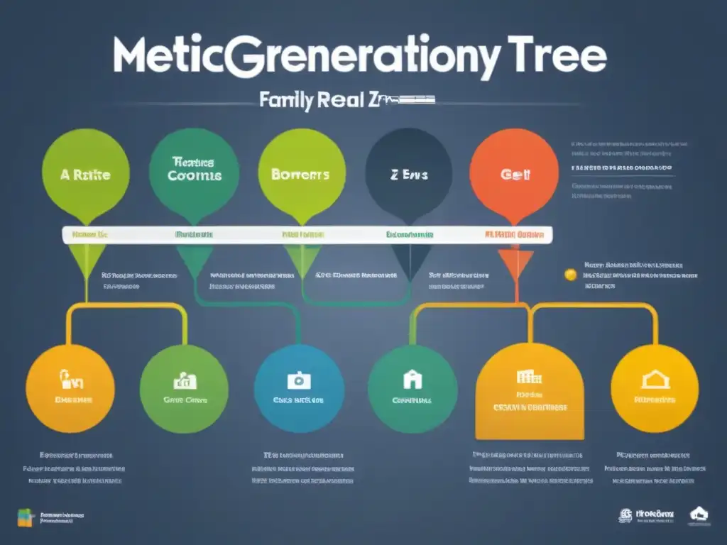 Árbol genealógico inmobiliario: Estrategias para cada generación Completa guía para invertir en bienes raíces según generaciones en un infográfico detallado y colorido