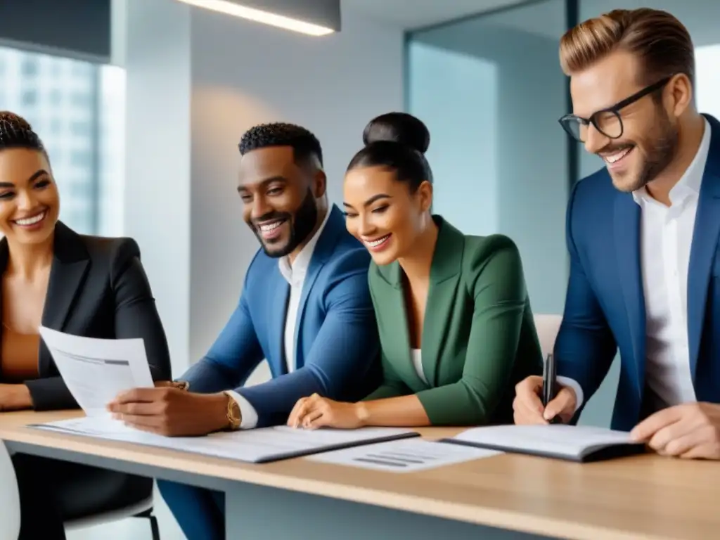Propietarios felices revisan pólizas de seguro en oficina moderna Una comunidad diversa revisa documentos de Seguros de propiedad para alquileres en una oficina moderna y elegante