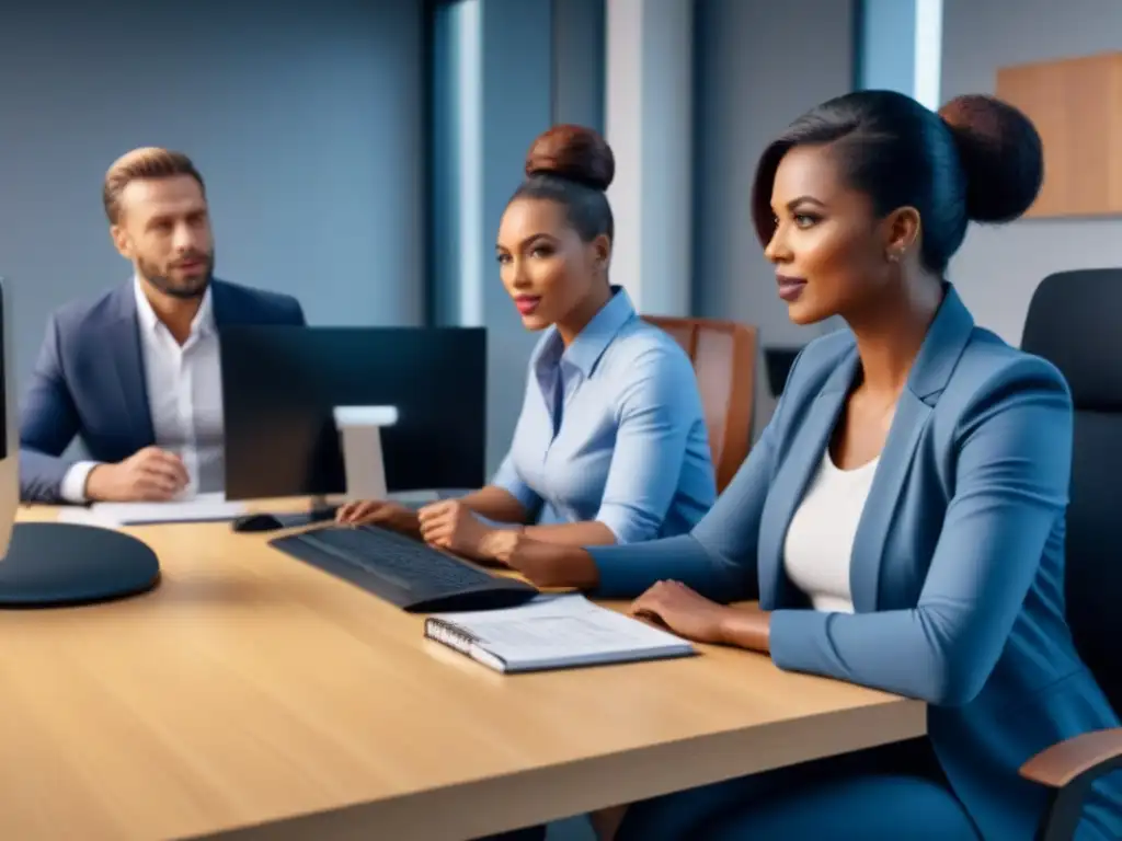 Comunidad diversa discutiendo seguros de hogar en oficina moderna Una comunidad diversa discute opciones de seguros de propiedad en oficina moderna