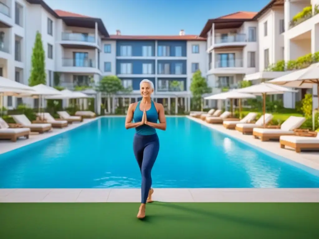 Retiro sereno y moderno: comunidad de lujo para jubilados activos Una comunidad de jubilación serena y moderna con jardines verdes, piscina, caminos y arquitectura elegante, bajo un cielo azul
