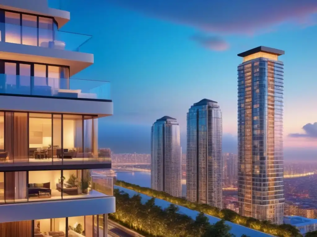 Icono de lujo urbano: torre moderna en la ciudad al atardecer Un condominio de lujo en una ciudad vibrante al atardecer, reflejando la inversión en crowdfunding inmobiliario