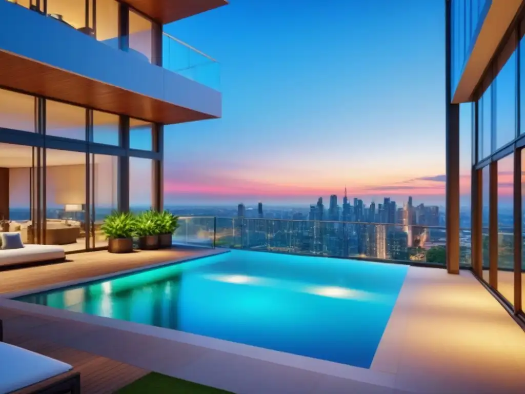 Edificio de lujo con vistas a la ciudad y áreas verdes Un condominio de lujo con vista a la ciudad, rodeado de vegetación exuberante y una elegante terraza con piscina