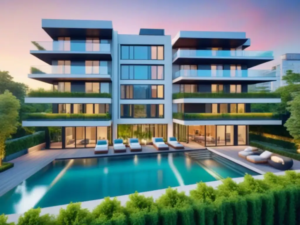 Condominio de lujo en entorno urbano vibrante Condominio lujoso y moderno con amenities exclusivos, rodeado de vegetación en ambiente urbano vibrante