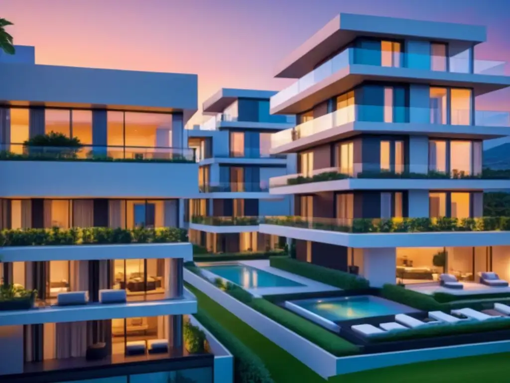 Condominio de lujo al atardecer: inversión inteligente en 2023 Condominio moderno al atardecer, reflejando exclusividad y seguridad