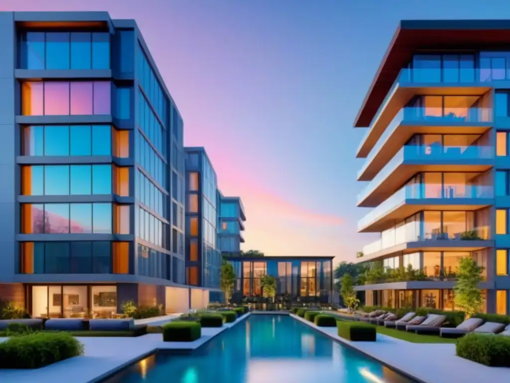 Condominio de lujo al atardecer: arquitectura moderna en 8K Condominio moderno al atardecer, reflejando el sol en ventanas de cristal, rodeado de vegetación y amenidades de lujo