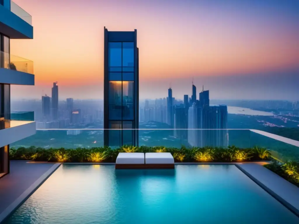 Condominio de lujo con vista a la ciudad al atardecer Un condominio moderno de lujo con vista a la ciudad al atardecer, rodeado de vegetación exuberante y una piscina reluciente