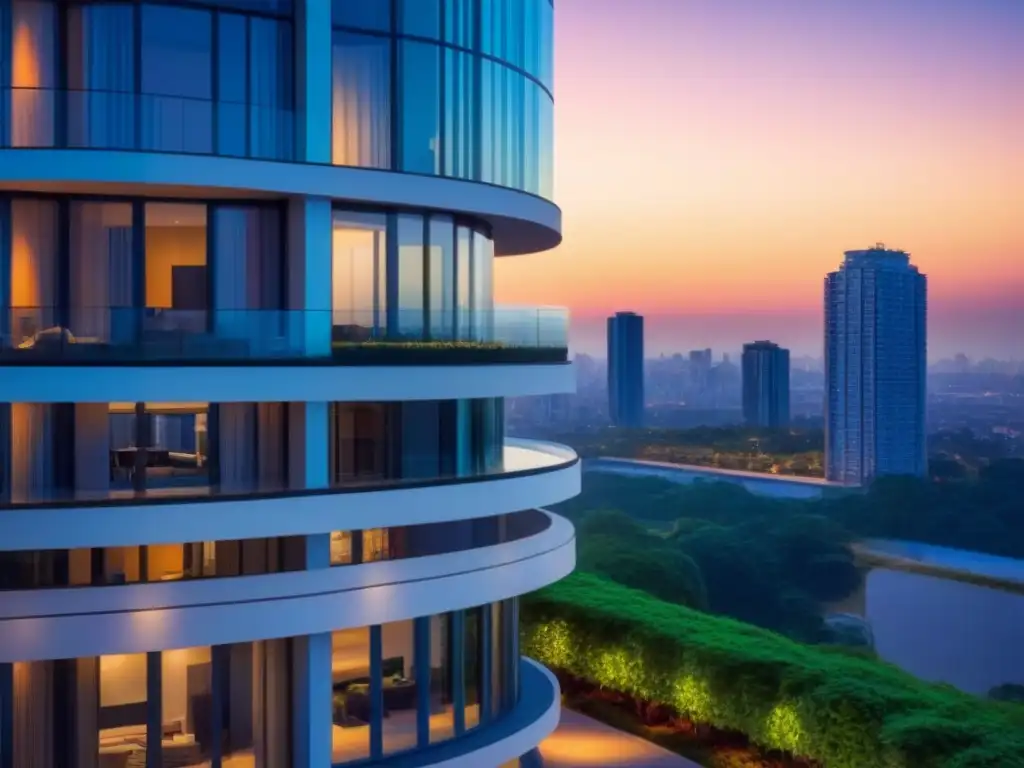 Condominio de lujo con vistas panorámicas al anochecer en la ciudad Condominio moderno de lujo con vistas urbanas al anochecer