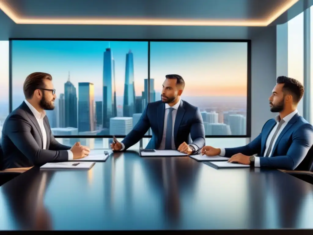 Profesionales diversificados en reunión de inversión inmobiliaria Conferencia en sala de juntas ultramoderna sobre estrategias de inversión inmobiliaria